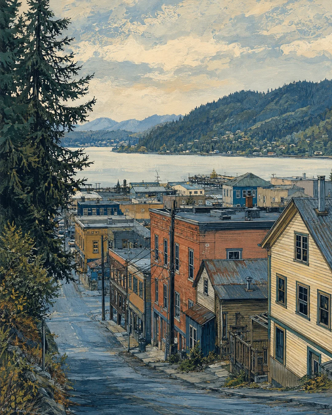 Gouache view down a sloping street lined with timber and brick buildings and utility wires, toward pale bay water and wooded hills beyond.