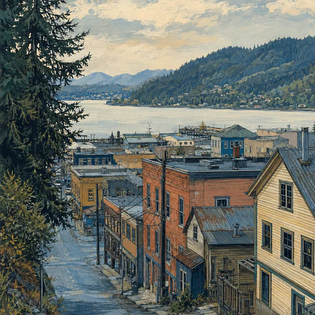 Gouache view down a sloping street lined with timber and brick buildings and utility wires, toward pale bay water and wooded hills beyond.
