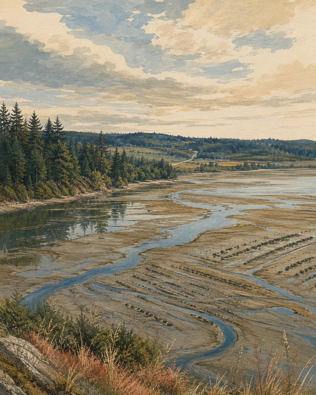 Painted tidal flats with winding blue channels and rows of shellfish beds, framed by conifers, low hills and a narrow road in the distance.