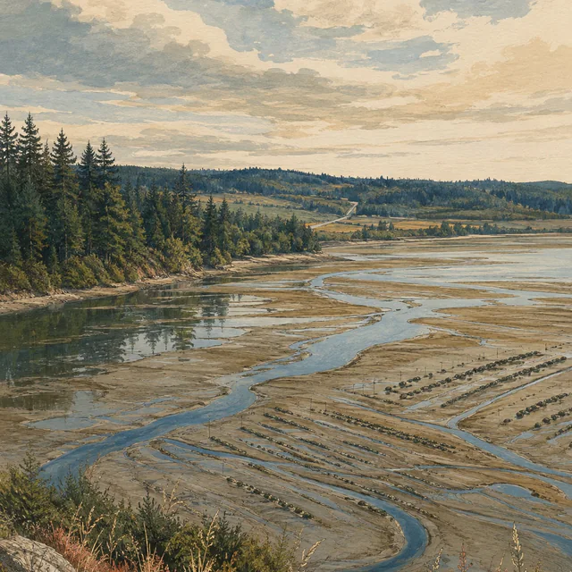 Painted tidal flats with winding blue channels and rows of shellfish beds, framed by conifers, low hills and a narrow road in the distance.