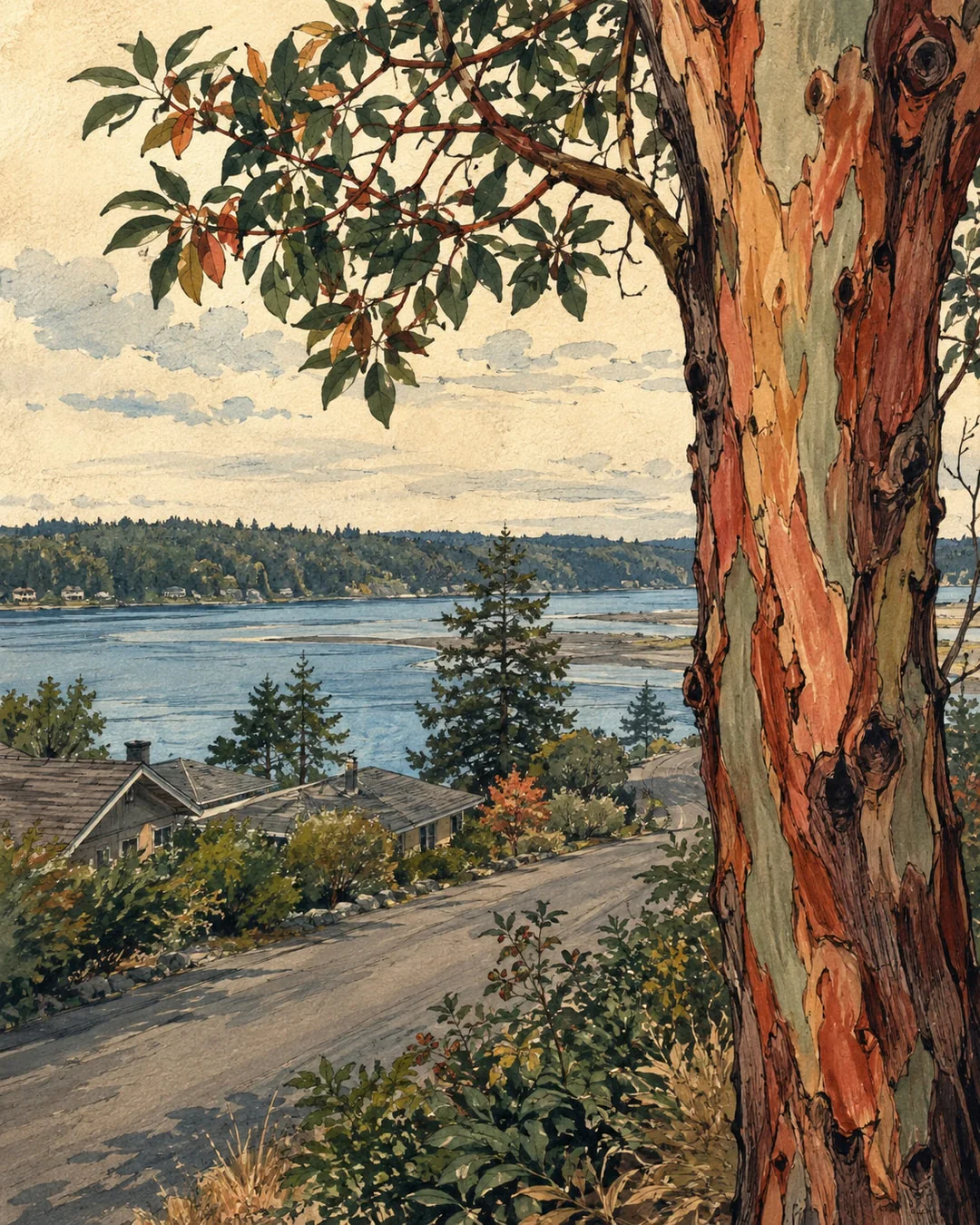 A madrone trunk with peeling coral and pale-green bark frames a quiet road, low roofs and blue inlet water, in a gouache and ink illustration.