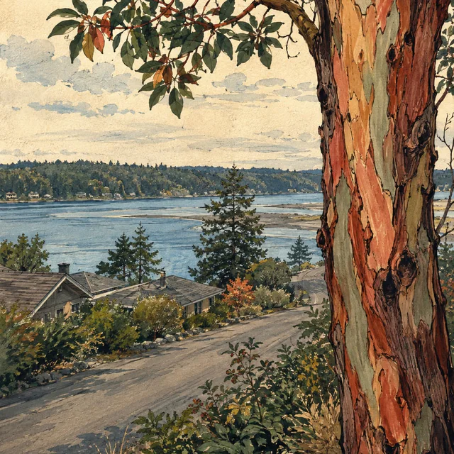 A madrone trunk with peeling coral and pale-green bark frames a quiet road, low roofs and blue inlet water, in a gouache and ink illustration.
