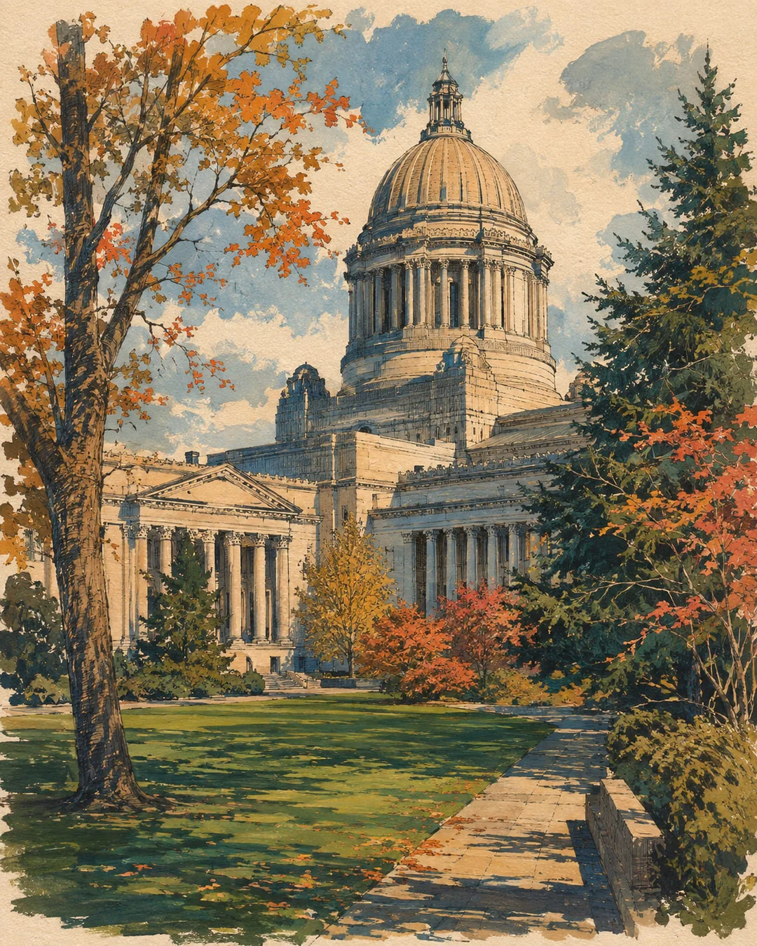 Gouache view of the Washington State Capitol dome and columned stone facade, framed by autumn trees, green lawn and an empty stone path.
