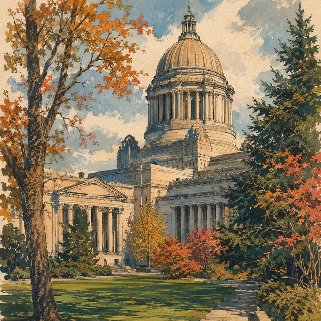 Gouache view of the Washington State Capitol dome and columned stone facade, framed by autumn trees, green lawn and an empty stone path.