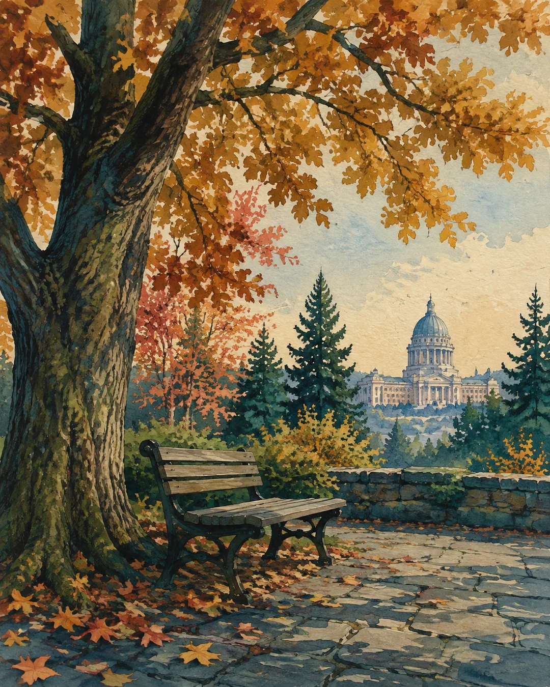 An empty wooden bench sits beneath golden autumn branches beside a low stone wall, with the Capitol dome beyond the trees, painted in gouache.