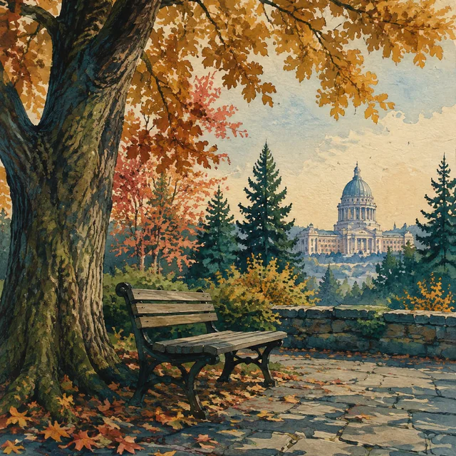 An empty wooden bench sits beneath golden autumn branches beside a low stone wall, with the Capitol dome beyond the trees, painted in gouache.