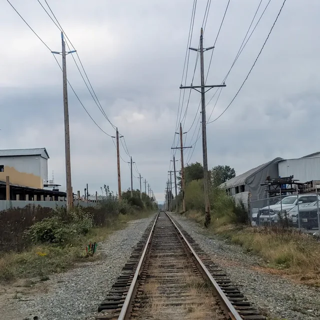 A single railway track running straight ahead through Surrey between gravel shoulders and wooden power poles.