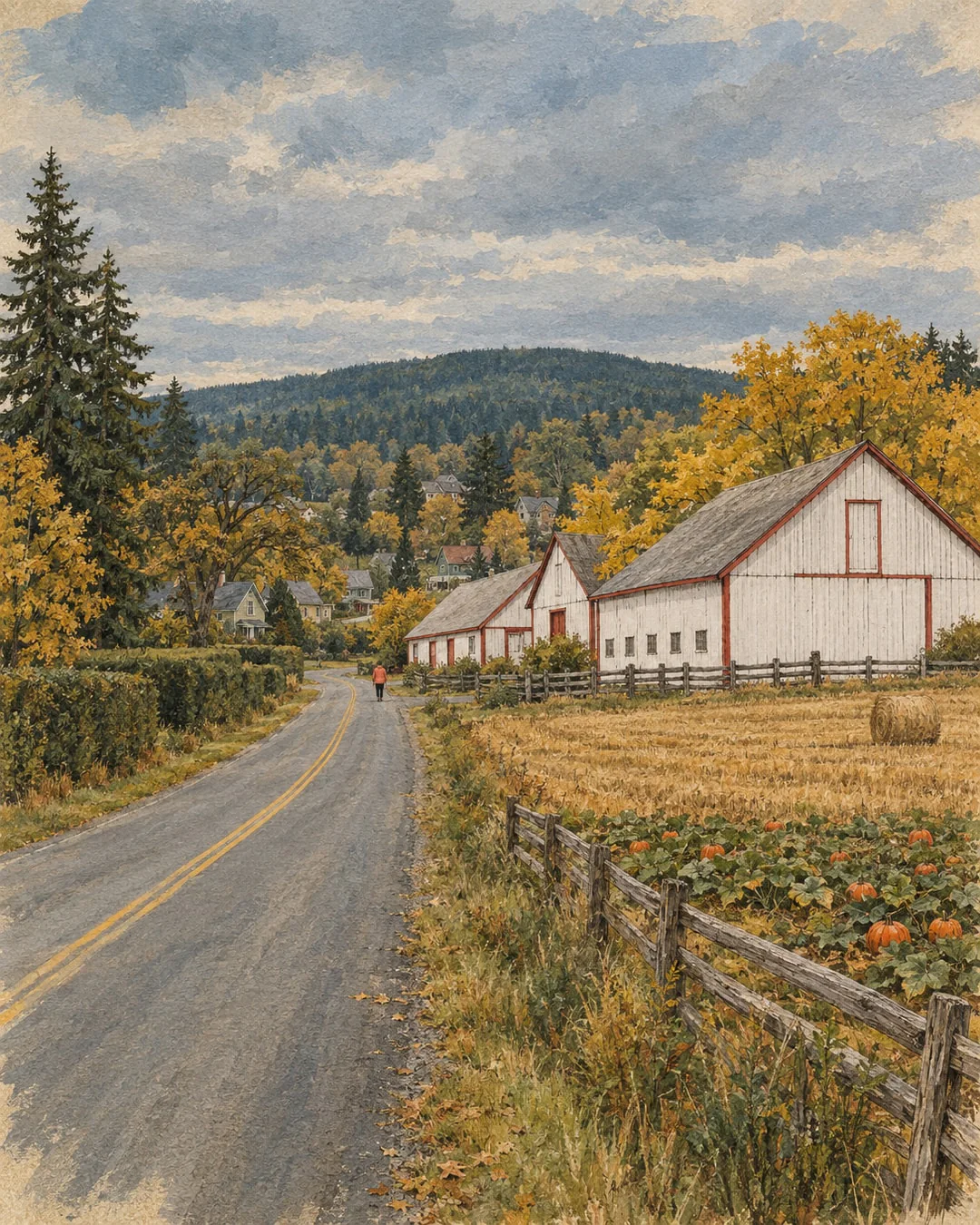 Gouache and ink illustration of a country road past white barns with red trim, a round hay bale and a pumpkin field, a tiny walker in coral ahead and a low wooded hill beyond.