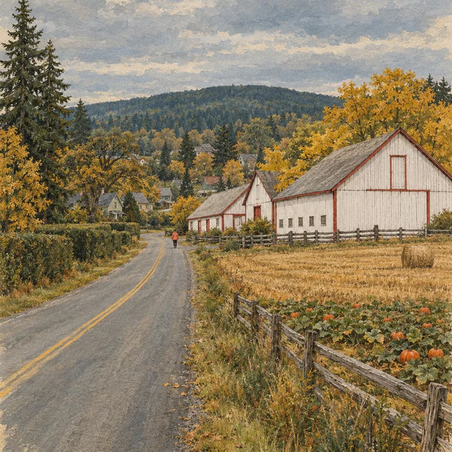 Gouache and ink illustration of a country road past white barns with red trim, a round hay bale and a pumpkin field, a tiny walker in coral ahead and a low wooded hill beyond.