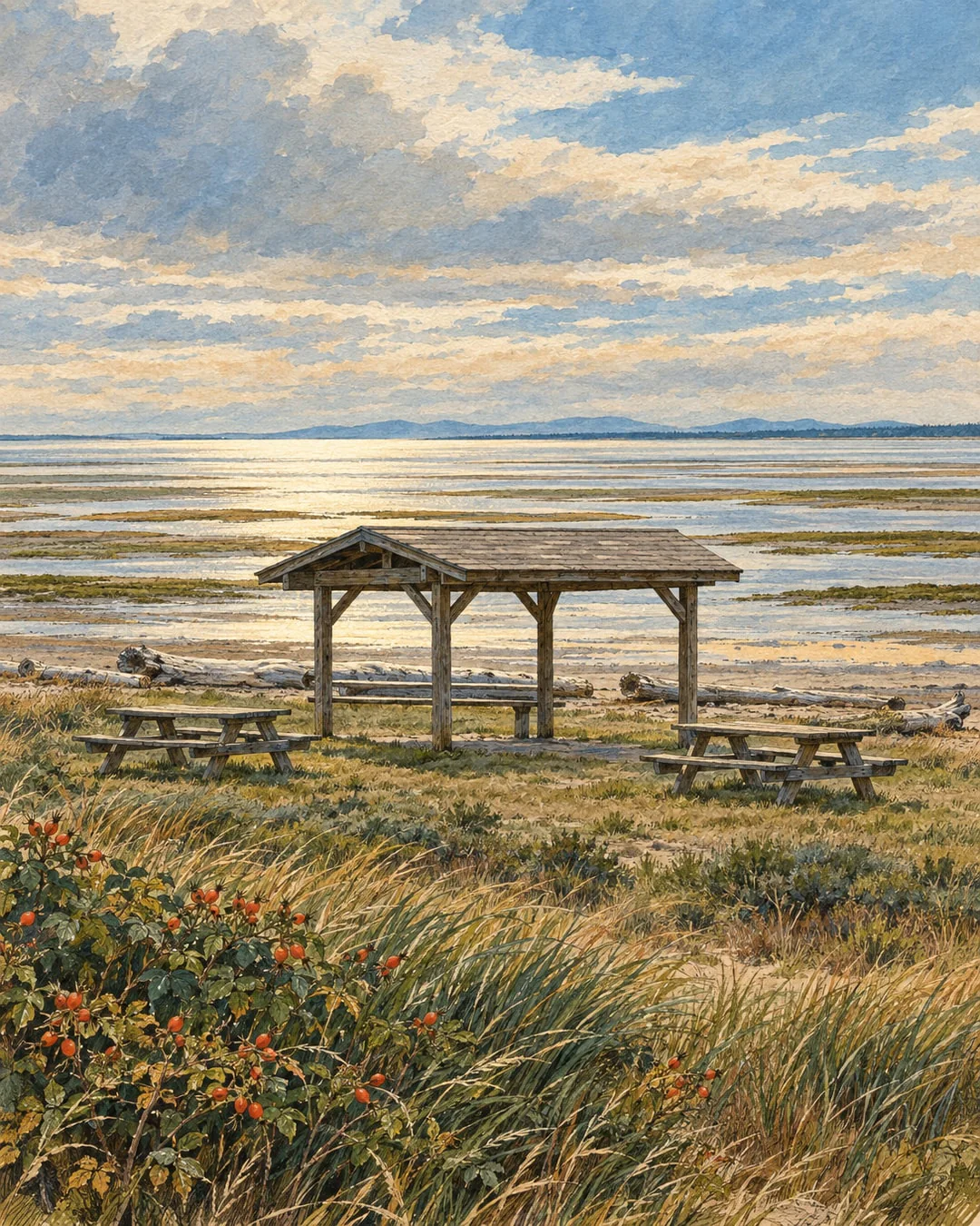 Gouache and ink illustration of an empty timber picnic shelter and picnic tables on beach grass, with driftwood, wide shining tidal flats beyond and rose hips in front.
