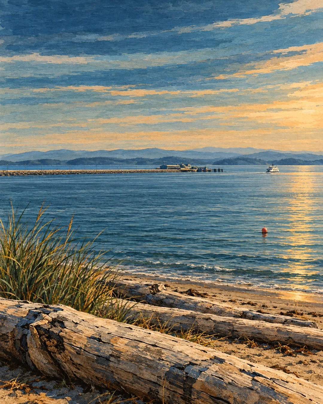 Gouache and ink illustration of driftwood and dune grass on a calm shore, a coral buoy, a long causeway to a ferry terminal, a small ferry and low blue islands beyond.