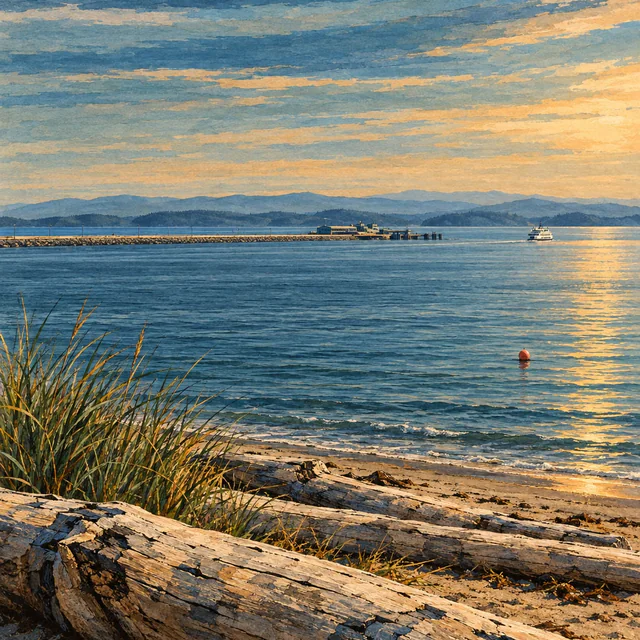 Gouache and ink illustration of driftwood and dune grass on a calm shore, a coral buoy, a long causeway to a ferry terminal, a small ferry and low blue islands beyond.