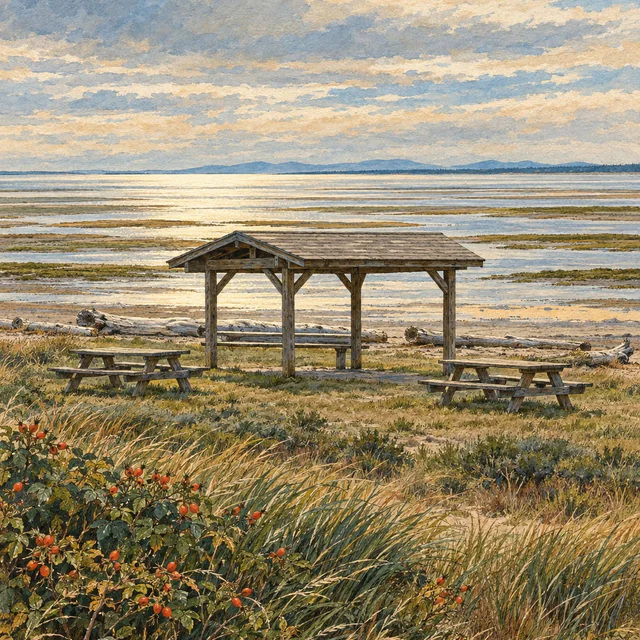 Gouache and ink illustration of an empty timber picnic shelter and picnic tables on beach grass, with driftwood, wide shining tidal flats beyond and rose hips in front.